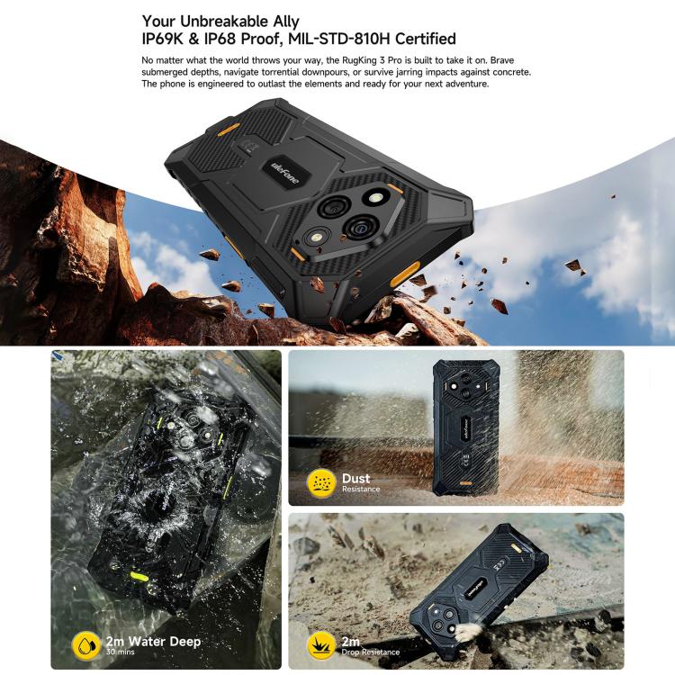 Ulefone RugKing 3 Pro, 8GB+128GB, IP68/IP69K Robust Telefon, 6,56 Zoll Android 15 Unisoc T7250 Octa Core, Netzwerk: 4G, NFC, OTG, RugKing 3 Pro, RugKing 3 Pro, 8GB+128GB