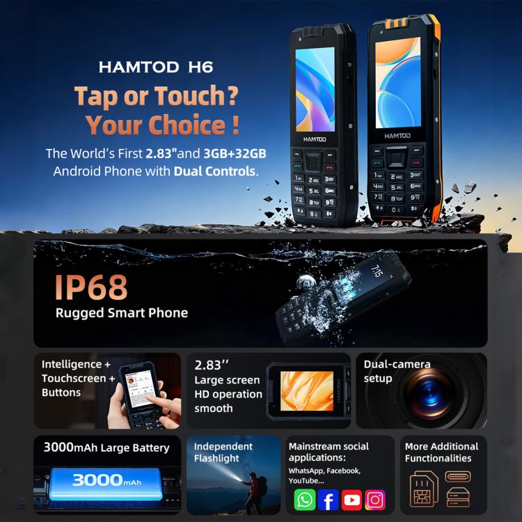 HAMTOD H6 Robustes Smartphone, 3 GB RAM + 32 GB interner Speicher, 2,83 Zoll Display, Android 11, UNISOC SC9832E Quad-Core-Prozessor, Netzwerk: 4G, VoLTE, SOS-Funktion