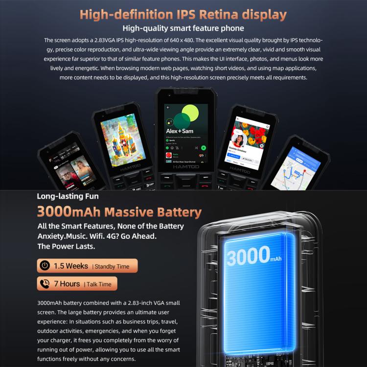 HAMTOD H6 Robustes Smartphone, 3 GB RAM + 32 GB interner Speicher, 2,83 Zoll Display, Android 11, UNISOC SC9832E Quad-Core-Prozessor, Netzwerk: 4G, VoLTE, SOS-Funktion