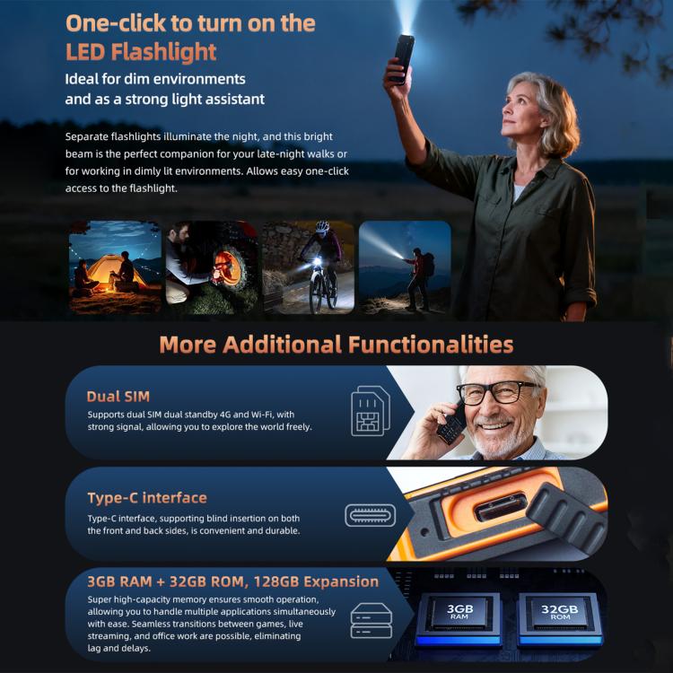 HAMTOD H6 Robustes Smartphone, 3 GB RAM + 32 GB interner Speicher, 2,83 Zoll Display, Android 11, UNISOC SC9832E Quad-Core-Prozessor, Netzwerk: 4G, VoLTE, SOS-Funktion