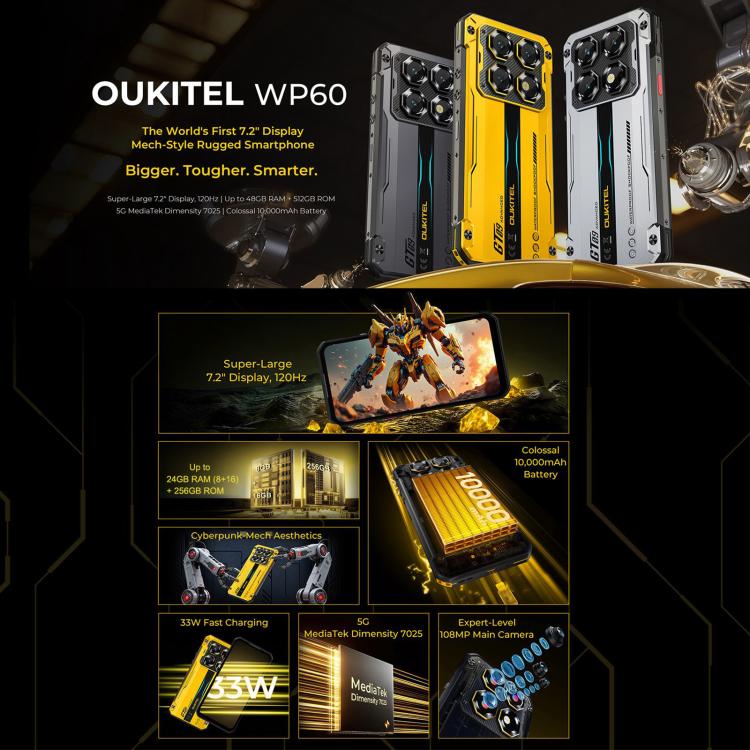Oukitel WP60 Robust Telefon, 8GB+256GB, Nachtsicht, 108MP Kamera, Seitlicher Fingerabdruck, 7,2 Zoll Android 15 MediaTek Dimensity 7025 Octa Core, NFC, OTG, Netzwerk: 5G, 8GB+256GB