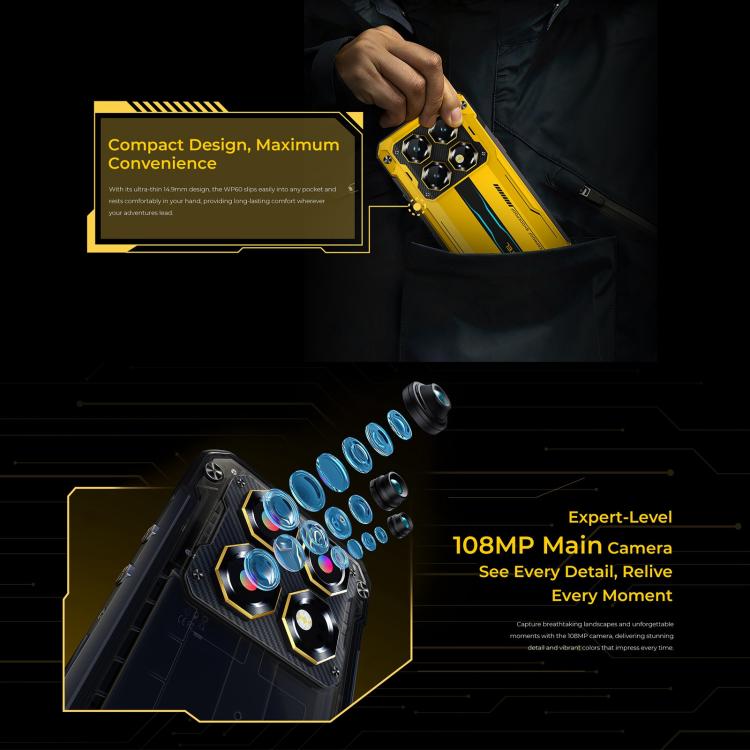 Oukitel WP60 Robust Telefon, 8GB+256GB, Nachtsicht, 108MP Kamera, Seitlicher Fingerabdruck, 7,2 Zoll Android 15 MediaTek Dimensity 7025 Octa Core, NFC, OTG, Netzwerk: 5G, 8GB+256GB