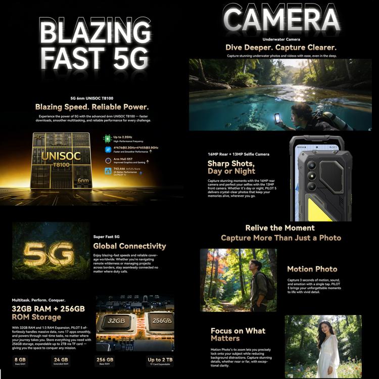 Blackview Oscal Pilot 5 5G Robust Telefon, 8GB+256GB, 6,67 Zoll Android 16 UMS9620 T8100 Octa Core, Netzwerk: 5G, OTG, NFC