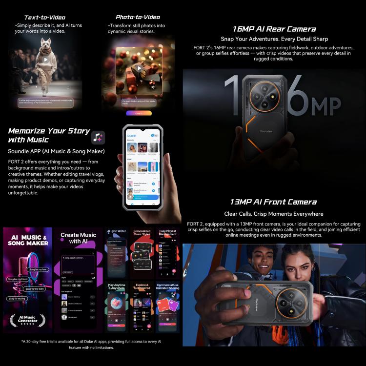 Blackview FORT 2 Robust Telefon, 8GB+256GB, 6,56 Zoll Android 15 MediaTek MT6769V/CB Helio G81 Octa Core, Netzwerk: 4G, OTG, NFC, 8GB+256GB