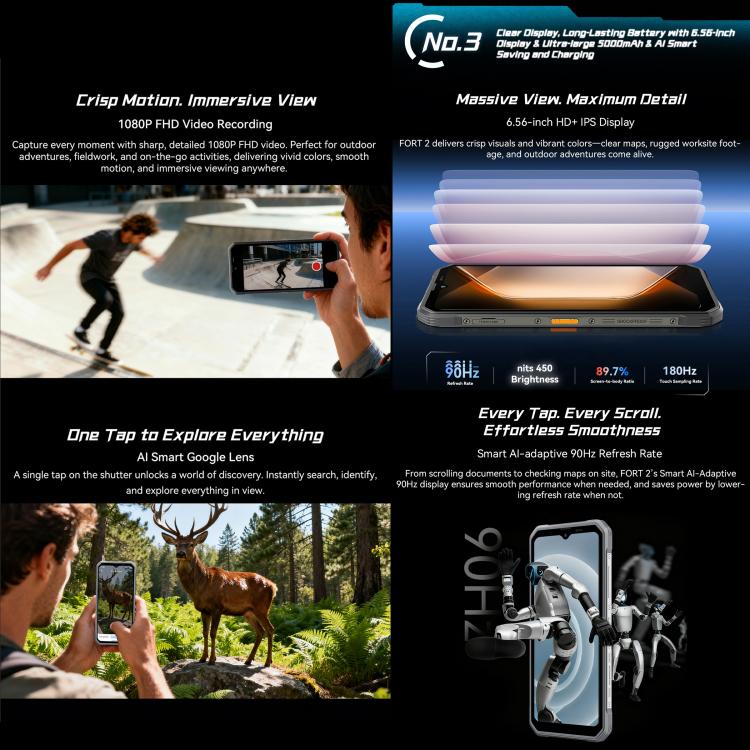 Blackview FORT 2 Robust Telefon, 8GB+256GB, 6,56 Zoll Android 15 MediaTek MT6769V/CB Helio G81 Octa Core, Netzwerk: 4G, OTG, NFC, 8GB+256GB