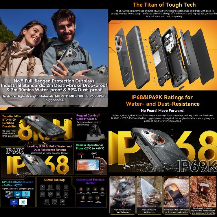Blackview BL7000 Robustes Telefon, 8GB+512GB, 6,78 Zoll Android 15 MediaTek Dimensity 6300 Octa Core, Netzwerk: 5G, NFC, OTG, 8GB+512GB