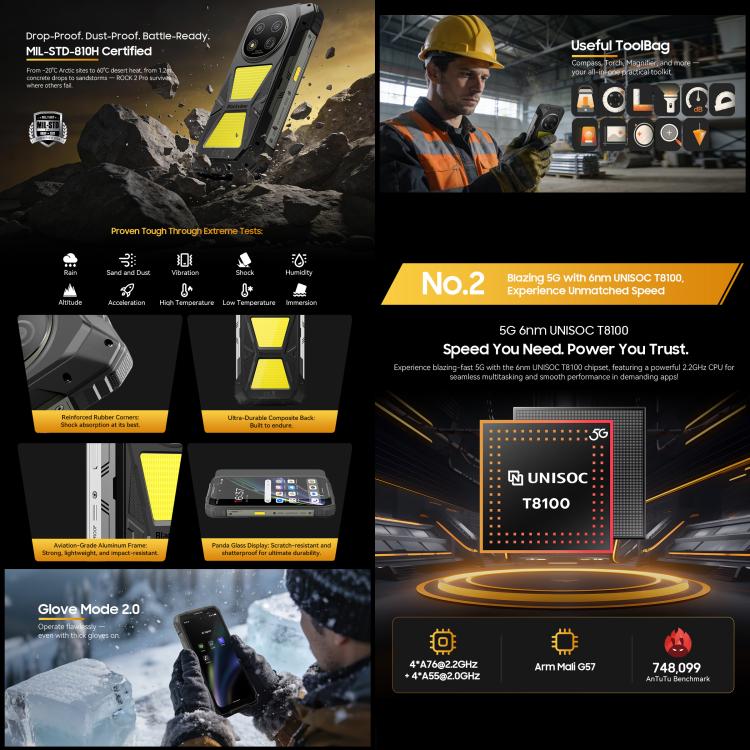 Blackview ROCK 2 Pro Robustes Telefon, 8GB+256GB, 6,67 Zoll Android 16 Unisoc UMS9620 T8100 Octa Core, Netzwerk: 5G, OTG, NFC