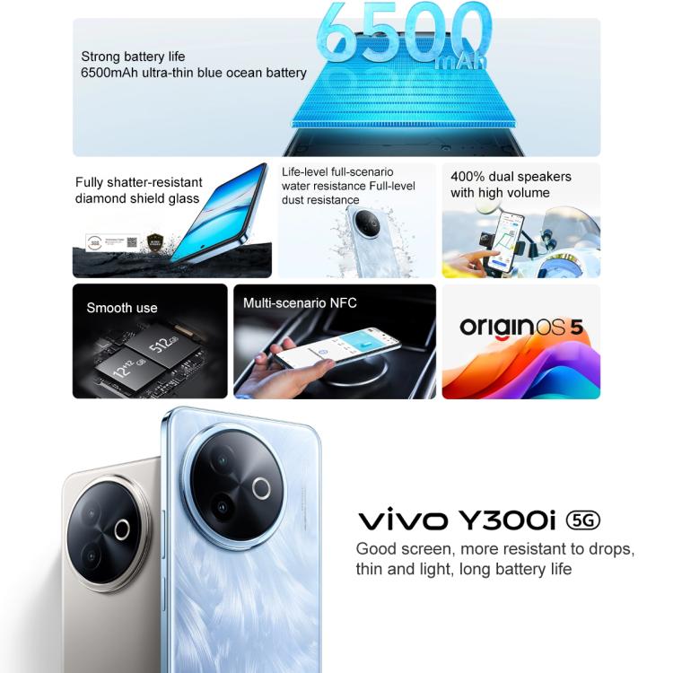 vivo Y300i, 12 GB + 512 GB, Gesichtserkennung/seitlicher Fingerabdrucksensor, 6,68 Zoll, Android 15 OriginOS 5, Snapdragon 4 Gen 2 Octa-Core-Prozessor, OTG, NFC, Netzwerk: 5G, 12 GB + 512 GB