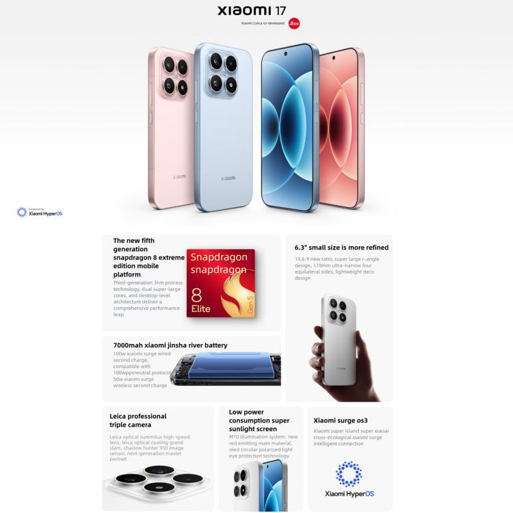 Xiaomi 17, 12 GB + 256 GB, 3D-Ultraschall-Fingerabdrucksensor, 6,3 Zoll Xiaomi HyperOS 3, Snapdragon 8 Elite Gen 5 Octa-Core-Prozessor, NFC, Netzwerk: 5G, 12 GB + 256 GB