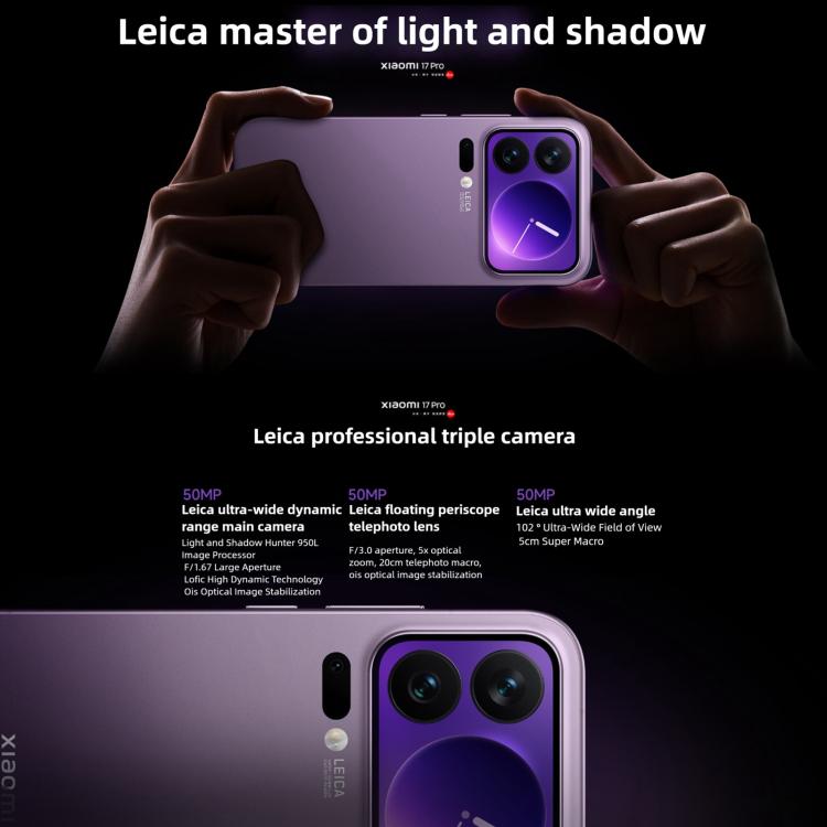 Xiaomi 17 Pro, 12 GB + 256 GB, 3D-Ultraschall-Fingerabdrucksensor, 6,3 Zoll Xiaomi HyperOS 3, Snapdragon 8 Elite Gen 5 Octa-Core-Prozessor, NFC, Netzwerk: 5G, 12 GB + 256 GB