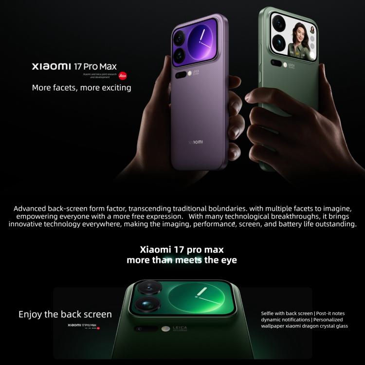 Xiaomi 17 Pro Max, 16 GB + 1 TB, 3D-Ultraschall-Fingerabdrucksensor, 6,9 Zoll + 2,9 Zoll Xiaomi HyperOS 3, Snapdragon 8 Elite Gen 5 Octa-Core-Prozessor, NFC, Netzwerk: 5G, 16 GB + 1 TB