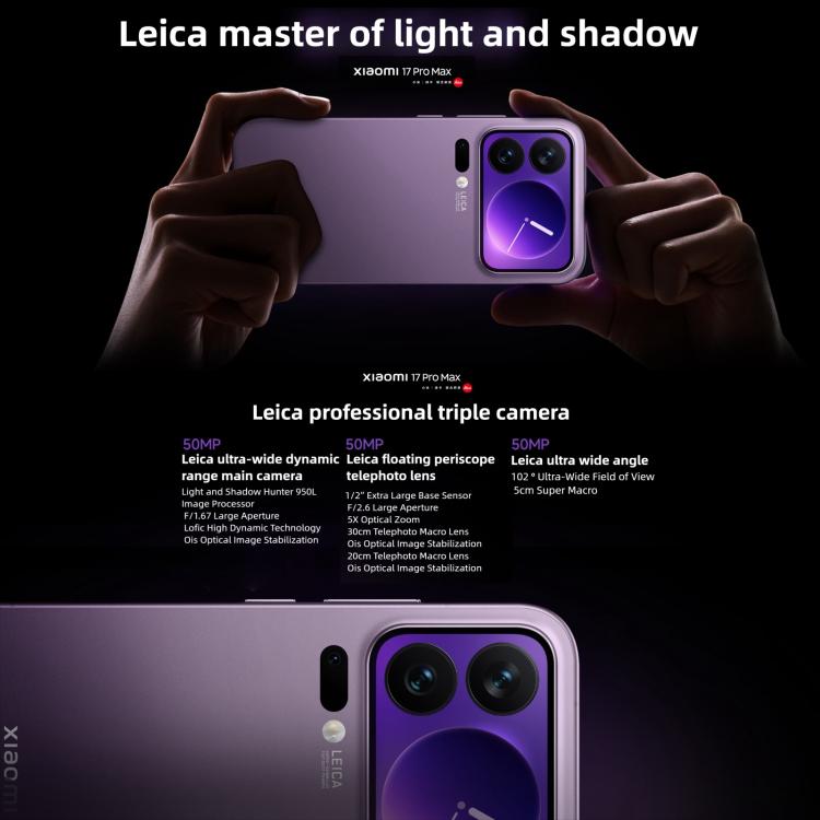 Xiaomi 17 Pro Max, 16 GB + 512 GB, 3D-Ultraschall-Fingerabdrucksensor, 6,9 Zoll + 2,9 Zoll Xiaomi HyperOS 3, Snapdragon 8 Elite Gen 5 Octa-Core-Prozessor, NFC, Netzwerk: 5G, 16 GB + 512 GB