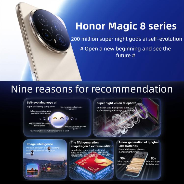 Honor Magic8, 12 GB + 256 GB, Fingerabdrucksensor im Display, 6,58 Zoll MagicOS 10.0 / Android 16, Snapdragon 8 Elite Gen 5th Octa-Core, Netzwerk: 5G, NFC, OTG, 12 GB + 256 GB