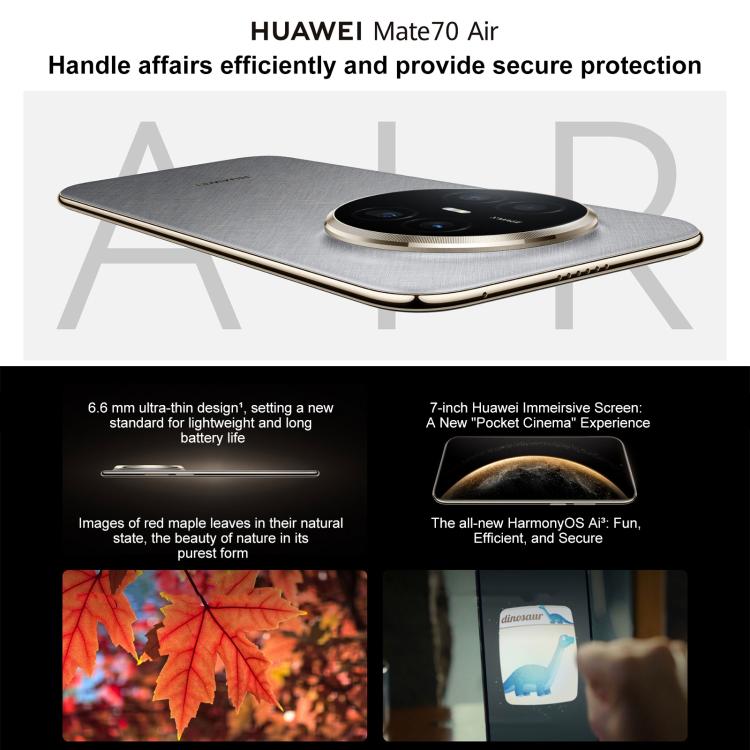 HUAWEI Mate 70 Air, 16 GB + 256 GB, seitlicher Fingerabdrucksensor, 7 Zoll HarmonyOS 5.1, Kirin 9020B, NFC, OTG, unterstützt Google Play nicht, 16 GB + 256 GB