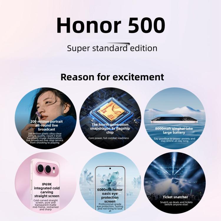 Honor 500, 12 GB + 256 GB, Fingerabdrucksensor im Display, 6,55 Zoll MagicOS 10.0 / Android 16, Snapdragon 8s Gen 4 Octa-Core-Prozessor, Netzwerk: 5G, NFC, OTG