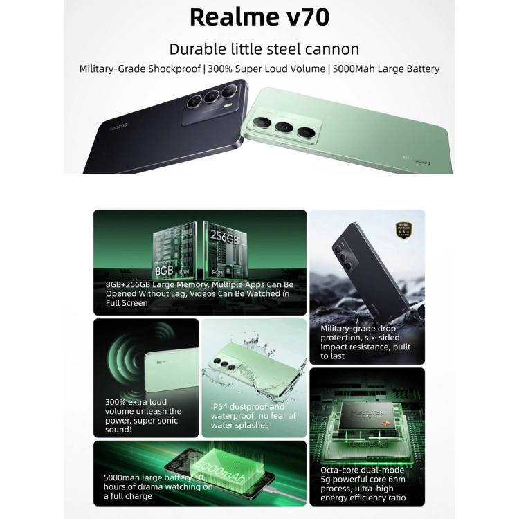 Realme V70, 8GB+256GB, 6,67 Zoll Realme UI 6.0 Android 15 Dimensity 6300 5G Octa Core, Netzwerk: 5G, 8GB+256GB