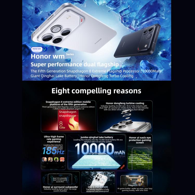 Honor WIN, 16GB+1TB, 3D Ultraschall-Fingerabdruck, 10000mAh Akku, 6,83 Zoll MagicOS 10.0 / Android 16 Snapdragon 8 Elite Gen 5 Octa Core, Netzwerk: 5G, NFC, OTG, 16GB+1TB