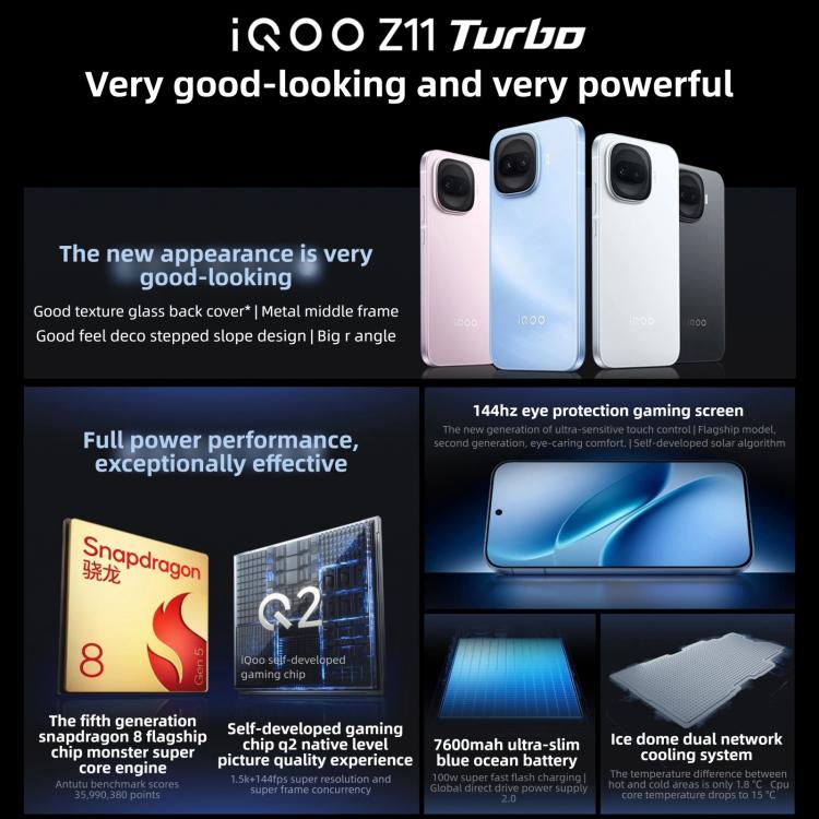 vivo iQOO Z11 Turbo, 12GB+256GB, Ultraschall 3D-Fingerabdruck, 6,59 Zoll Android 16 OriginOS 6 Snapdragon 8 Gen 5 Octa Core, OTG, NFC, Netzwerk: 5G, 12GB+256GB
