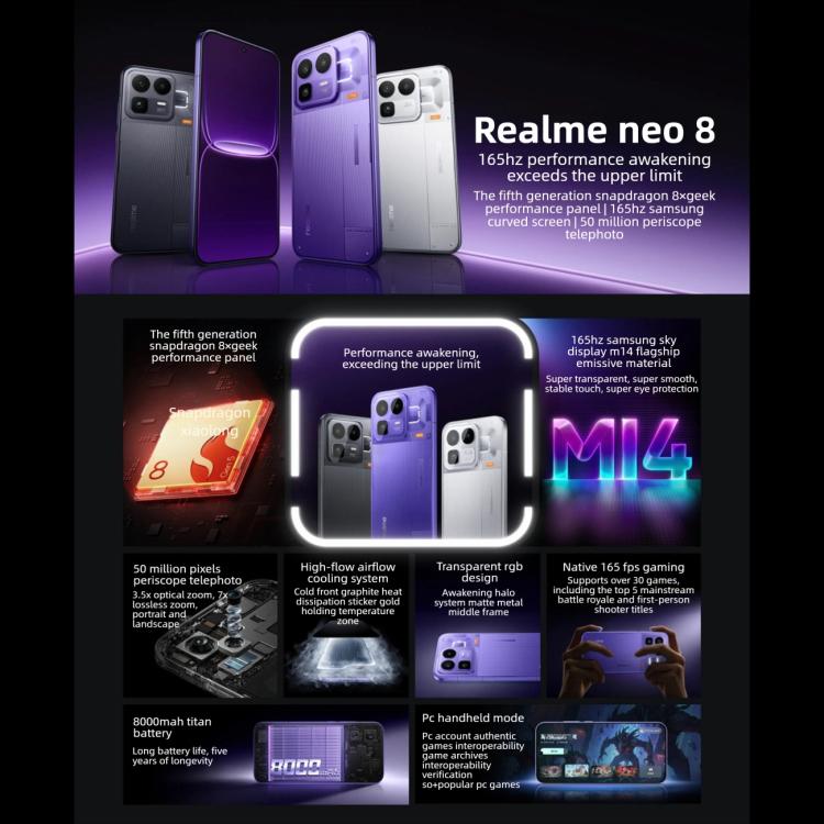 Realme Neo8, 12GB+256GB, Ultraschall-Bildschirm-Fingerabdruck, 6,78 Zoll Realme UI 7.0 Snapdragon 8 Gen 5 Octa Core, OTG, NFC, Netzwerk: 5G, 12GB+256GB