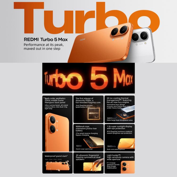 Xiaomi REDMI Turbo 5 Max, 16GB+1TB, 6,83 Zoll Xiaomi HyperOS 3 Dimensity 9500s Octa Core, NFC, Netzwerk: 5G, 16GB+1TB