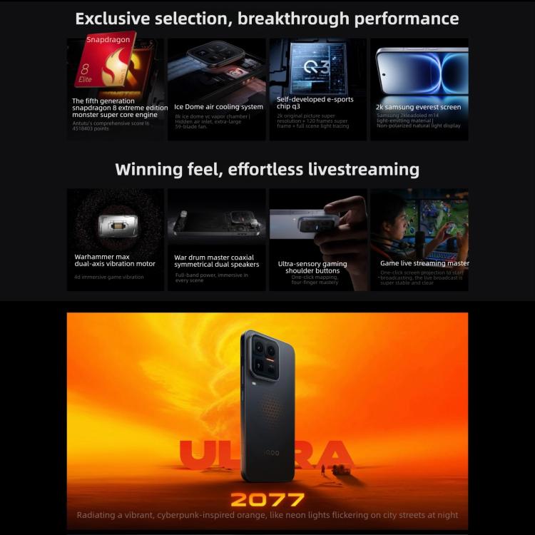 vivo iQOO 15 Ultra, 16GB+1TB, Ultraschall 3D-Fingerabdruck, 6,85 Zoll Android 16 OriginOS 6 Snapdragon 8 Elite Gen 5 Octa Core, OTG, NFC, Netzwerk: 5G, Unterstützt Google Play, 16GB+1TB