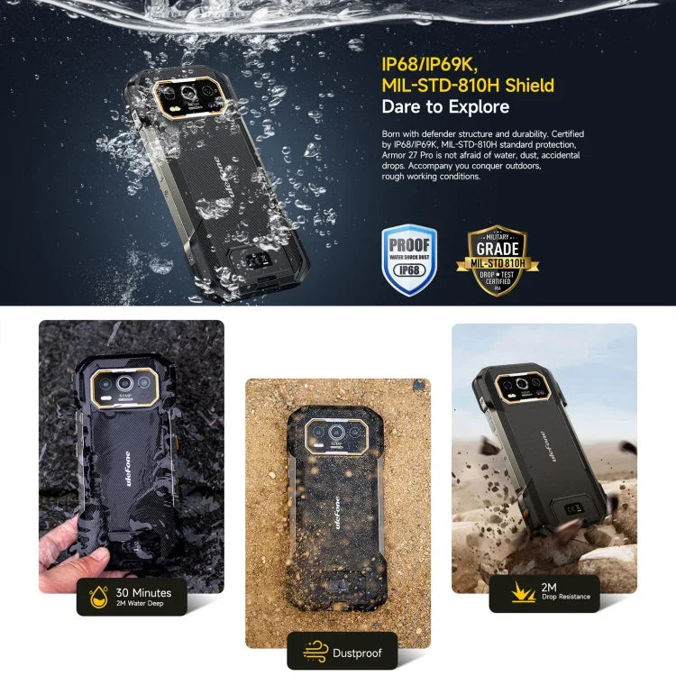 Ulefone Armor 27 Pro – Robustes Smartphone, 12 GB + 256 GB, Nachtsicht, 10600 mAh Akku, 6,78 Zoll Display, Android 14, MediaTek Dimensity 6300 Octa-Core-Prozessor, Netzwerk: 5G, NFC, Armor 27 Pro