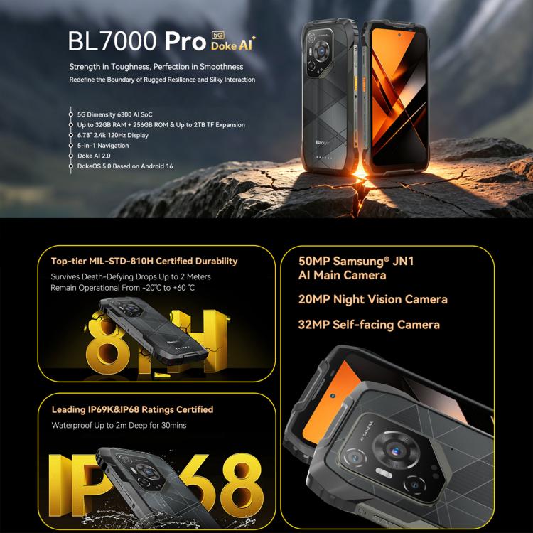Blackview BL7000 Robust Telefon, 8GB+256GB, 6,78 Zoll Android 15 MediaTek Dimensity 6300 Octa Core, Netzwerk: 5G, NFC, OTG, 8GB+256GB