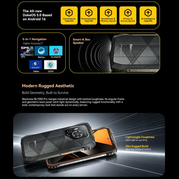 Blackview BL7000 Robust Telefon, 8GB+256GB, 6,78 Zoll Android 15 MediaTek Dimensity 6300 Octa Core, Netzwerk: 5G, NFC, OTG, 8GB+256GB
