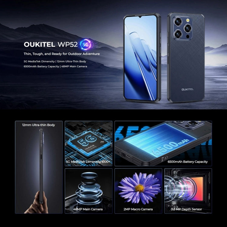 Oukitel WP52 5G Rugged Phone, 4GB+256GB, 6,6 Zoll Android 14.0 MediaTek Dimensity 6100+ Octa-Core 3,0 GHz, NFC, OTG, Netzwerk: 5G, WP52