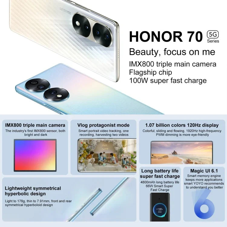 Dreifach-Kamera auf der Rückseite, Fingerabdrucksensor im Display, 6,67 Zoll Magic UI 6.1, Qualcomm Snapdragon 778G Plus Octa-Core-Prozessor mit bis zu 2,5 GHz, Netzwerk: 5G, OTG, NFC, Google Play wird nicht unterstützt, Honor 70 5G 12 GB + 512 GB