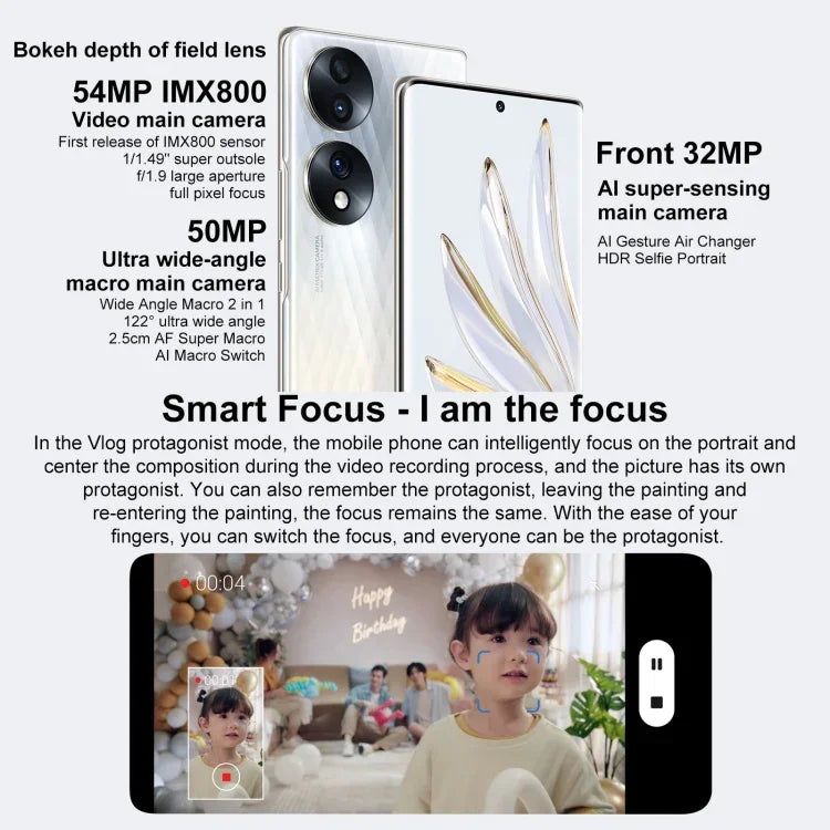 Dreifach-Kamera auf der Rückseite, Fingerabdrucksensor im Display, 6,67 Zoll Magic UI 6.1, Qualcomm Snapdragon 778G Plus Octa-Core-Prozessor mit bis zu 2,5 GHz, Netzwerk: 5G, OTG, NFC, Google Play wird nicht unterstützt, Honor 70 5G 12 GB + 512 GB