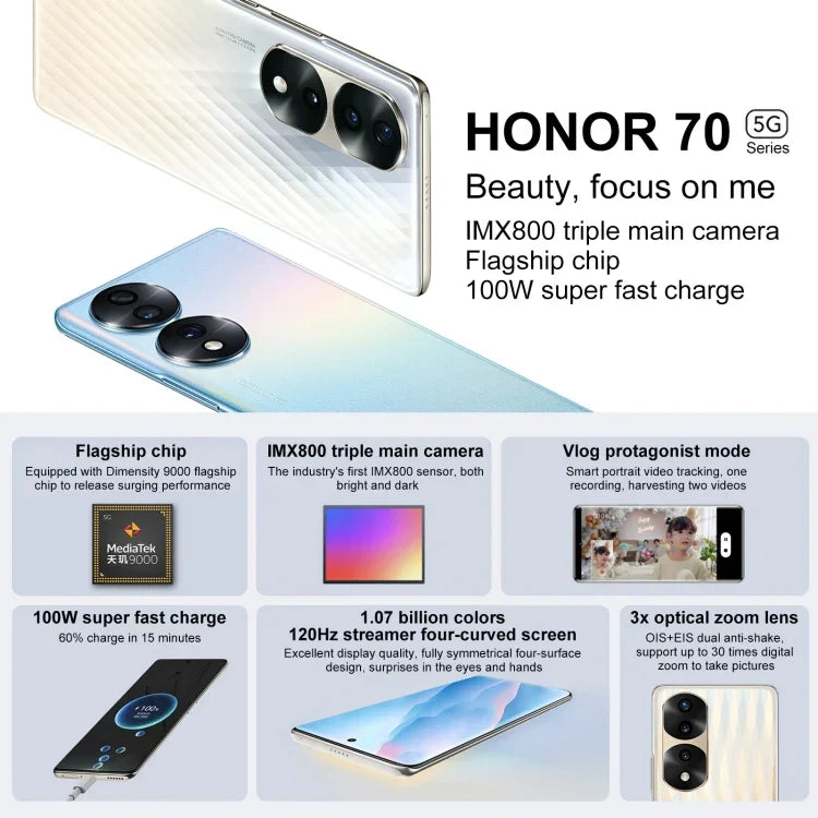 Dreifach-Kamera auf der Rückseite, Fingerabdrucksensor im Display, 6,78 Zoll Magic UI 6.1, Dimensity 9000 Octa-Core-Prozessor mit bis zu 3,05 GHz, Netzwerk: 5G, OTG, NFC, Google Play wird nicht unterstützt, Honor 70 Pro+ 5G 8 GB + 256 GB
