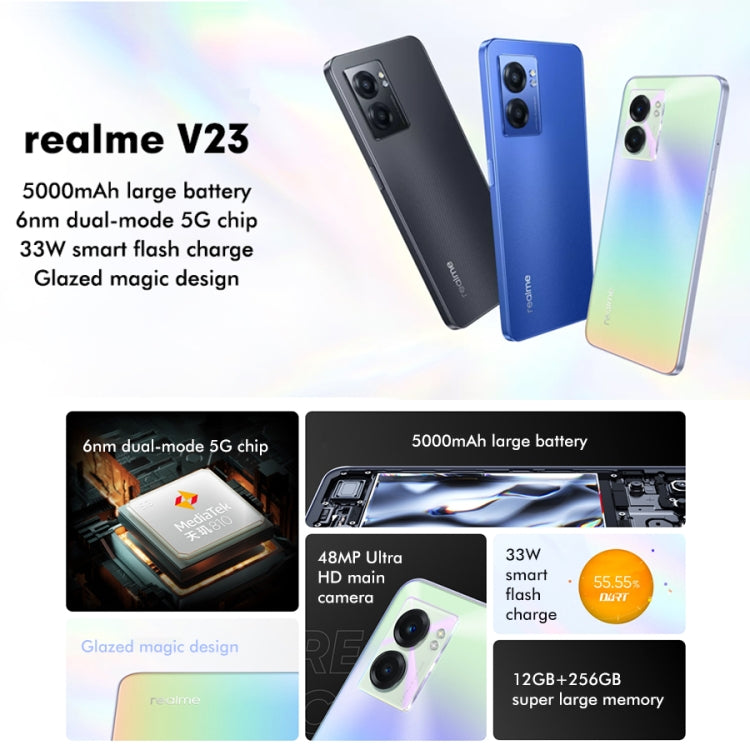 Dual-Kamera auf der Rückseite, seitlicher Fingerabdrucksensor, 5000-mAh-Akku, 6,58 Zoll Realme UI 3.0 / Android 12, MediaTek Dimensity 810 Octa-Core-Prozessor mit bis zu 2,4 GHz, Netzwerk: 5G, Google Play-Unterstützung, 12 GB + 256 GB