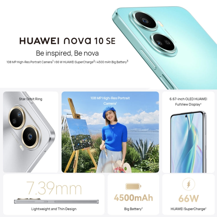 Dreifach-Hauptkamera + Einzel-Frontkamera, seitlicher Fingerabdrucksensor, 6,67 Zoll HarmonyOS 2.0.1, Qualcomm Snapdragon 680 Octa-Core-Prozessor, Netzwerk: 4G, OTG, NFC, Google Play wird nicht unterstützt, nova 10 SE 256 GB