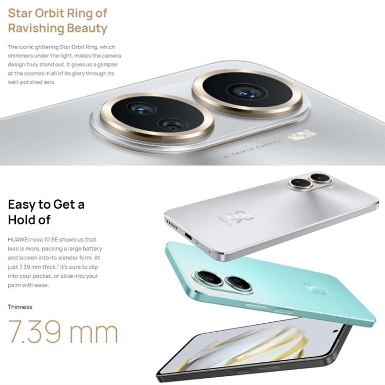 Dreifach-Hauptkamera + Einzel-Frontkamera, seitlicher Fingerabdrucksensor, 6,67 Zoll HarmonyOS 2.0.1, Qualcomm Snapdragon 680 Octa-Core-Prozessor, Netzwerk: 4G, OTG, NFC, Google Play wird nicht unterstützt, nova 10 SE 256 GB