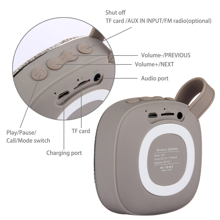 X25 Tragbarer Bluetooth-Stereo-Lautsprecher im Stoffdesign mit integriertem Mikrofon, unterstützt Freisprechanrufe, TF-Karte und AUX IN, Bluetooth-Reichweite: 10m