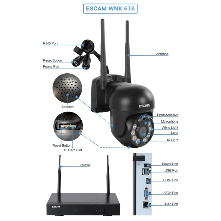 ESCAM WNK618 3,0 Megapixel 8-Kanal WLAN-Dome-Kamera HD-NVR-Sicherheitssystem, unterstützt Bewegungserkennung, Zwei-Wege-Audio, Farbnachtsicht und TF-Karte, EU-Stecker, WNK618