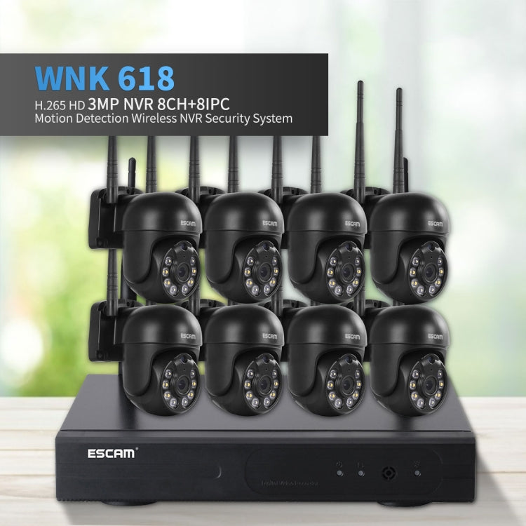 ESCAM WNK618 3,0 Megapixel 8-Kanal WLAN-Dome-Kamera HD-NVR-Sicherheitssystem, unterstützt Bewegungserkennung, Zwei-Wege-Audio, Farbnachtsicht und TF-Karte, EU-Stecker, WNK618