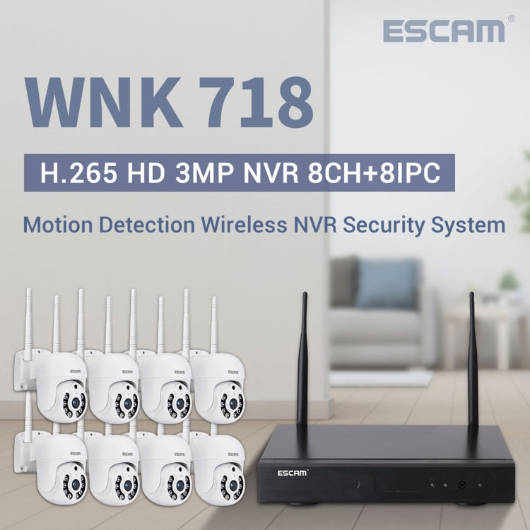 ESCAM WNK718 HD 3,0 Millionen Pixel 8-Kanal-WLAN + 8IPC WLAN-NVR-Sicherheitssystem, UK-Stecker, WNK718