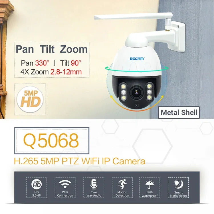 ESCAM Q5068 H.265 5MP Pan/Tilt/4X Zoom WLAN wasserdichte IP-Kamera, unterstützt ONVIF Zwei-Wege-Gespräch & Nachtsicht, AU-Stecker, UK-Stecker, US-Stecker, EU-Stecker, AU-Stecker