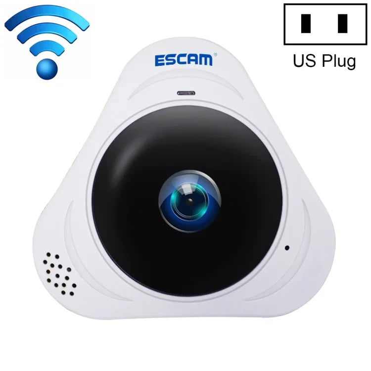 ESCAM Q8 360 degree fisheye IP camera with US Plug, featuring WiFi connectivity and sleek design.