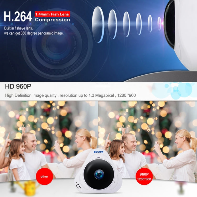 ESCAM Q8 960P 360-Grad-Fischaugenobjektiv 1.3MP WLAN IP-Kamera, unterstützt Bewegungserkennung / Nachtsicht, IR-Reichweite: 5-10m, AU-Stecker, Q8 US-Stecker, Q8 AU-Stecker, Q8 EU-Stecker, Q8 UK-Stecker