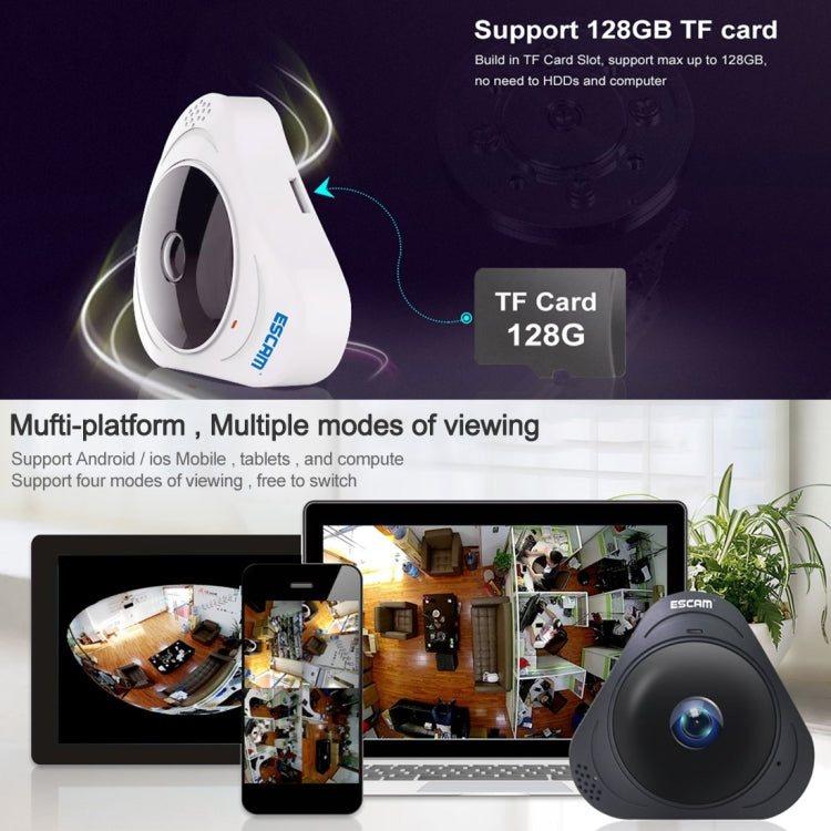 ESCAM Q8 960P 360-Grad-Fischaugenobjektiv 1.3MP WLAN IP-Kamera, unterstützt Bewegungserkennung / Nachtsicht, IR-Reichweite: 5-10m, AU-Stecker, Q8 US-Stecker, Q8 AU-Stecker, Q8 EU-Stecker, Q8 UK-Stecker
