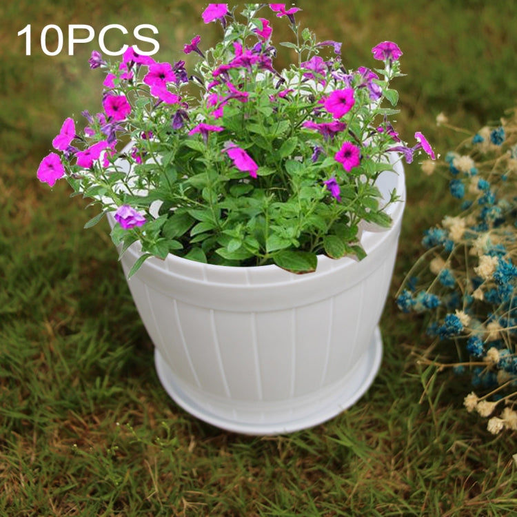 10 Stück Blumentopf aus Kunststoffharz in Holzfass-Optik mit Unterschale, Oberer Durchmesser: 9cm, Höhe: 6.5cm, Oberer Durchmesser: 9cm