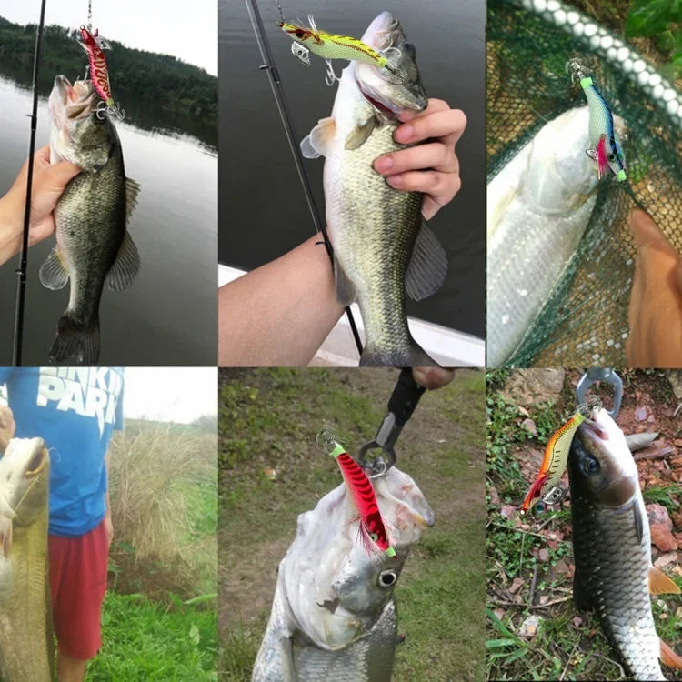 HENGJIA 8cm Kunststoff Hartköder Tintenfisch Angelköder Lockstoff Holz Garnelenköder, 1# (Magenta+Dunkelrot), 2# (Orange + Gelb), 3# (Gelb), 5# (Magenta), 6# (Orange)