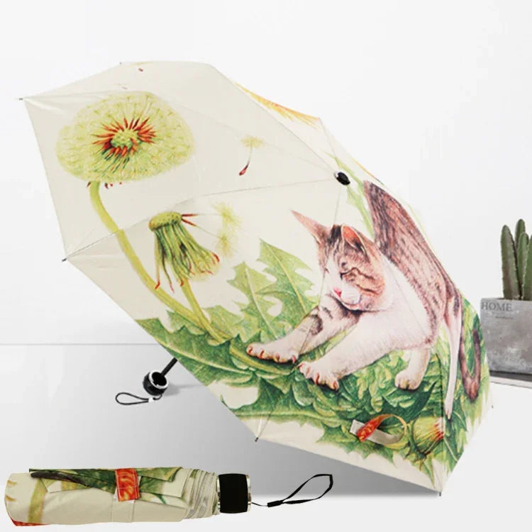 Kreativer Mode-Regenschirm mit dreifachem Lazy Cat Muster, silbernem Band und UV-Schutz, Regenschirm mit Katzenmuster und silbernem Band