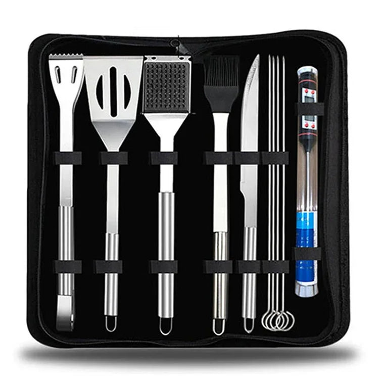 10-in-1 Outdoor-Geschirrset, Camping-Grillgeschirr, Picknick-Werkzeugset mit Thermometer, 10-in-1, mit Thermometer