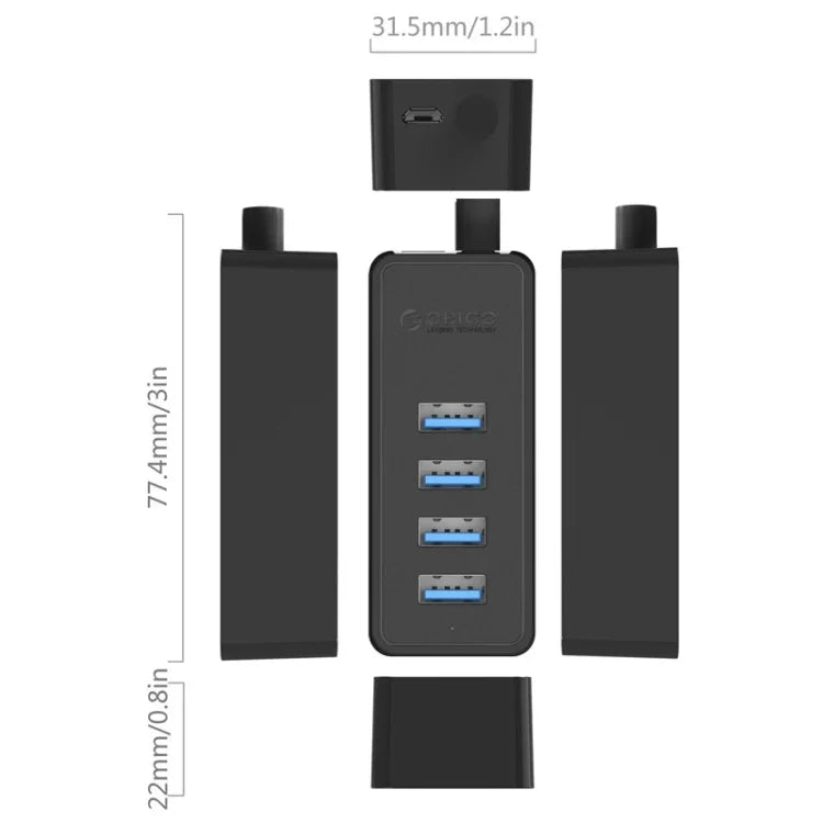 ORICO W5P-U3-30 4-Port USB 3.0 Desktop-HUB mit 30 cm Micro-USB-Kabel und Netzteil, W5P-U3-30 Schwarz