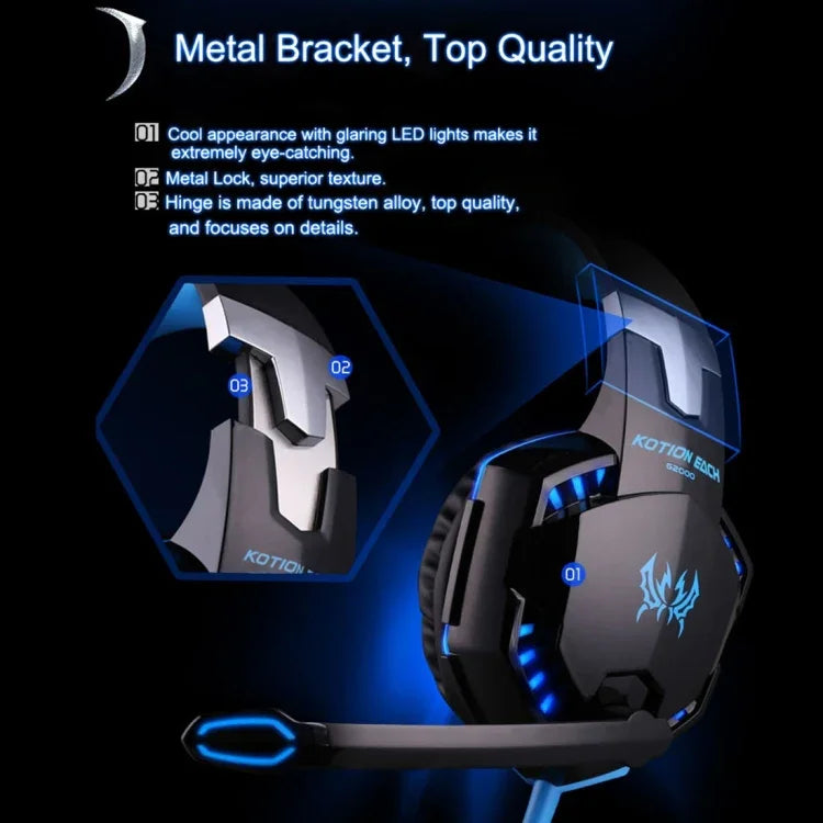 KOTION EACH G2000 Over-Ear Gaming-Kopfhörer Headset Kopfhörer Kopfbügel mit Mikrofon Stereo Bass LED-Licht für PC Gamer, Kabellänge: ca. 2,2m (Weiß + Rot), G2000