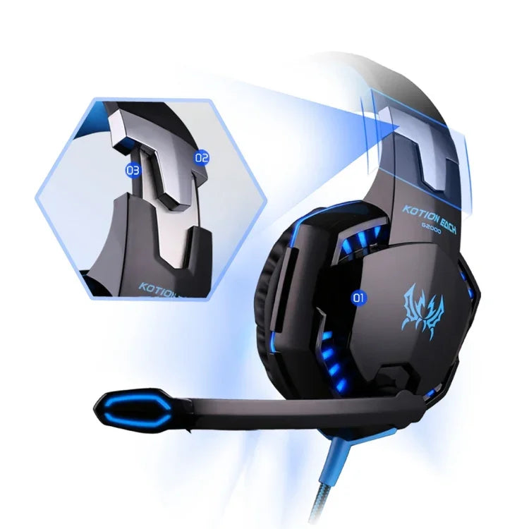 KOTION EACH G2000 Over-Ear Gaming-Kopfhörer Headset Kopfhörer Kopfbügel mit Mikrofon Stereo Bass LED-Licht für PC Gamer, Kabellänge: ca. 2,2m (Weiß + Rot), G2000